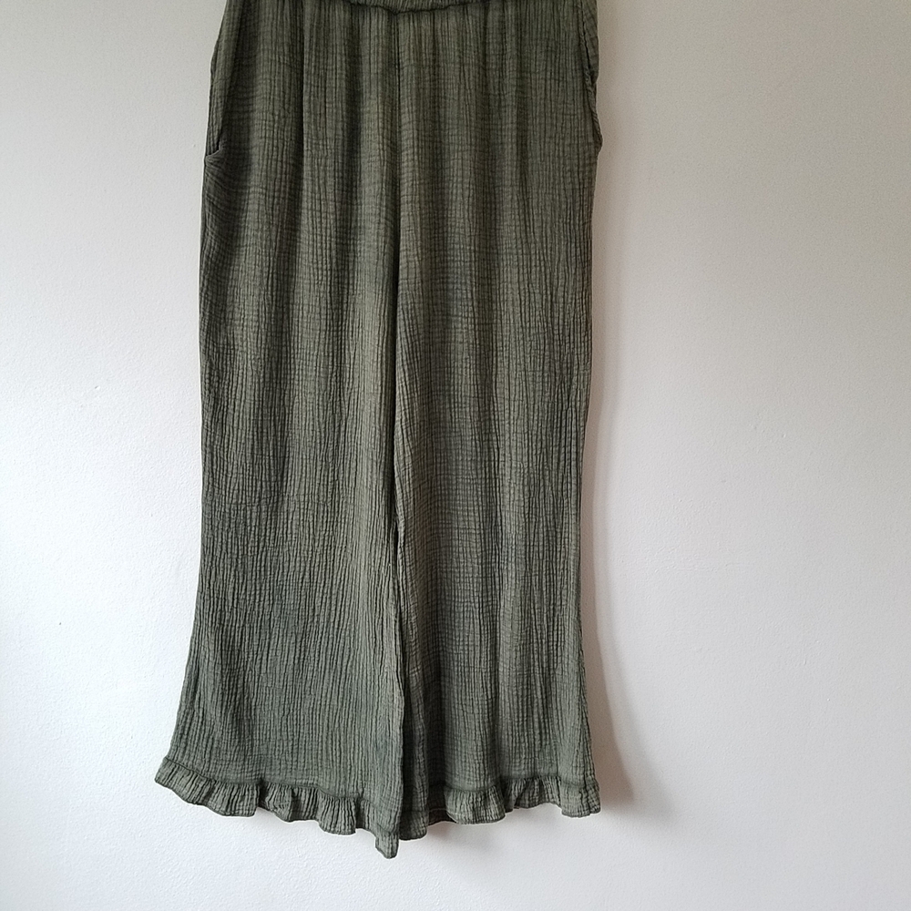 Camille & Co Gauzy Cotton Green Burn Out Ruffle Hem Wide Leg Pants XL - Picture 9 of 12